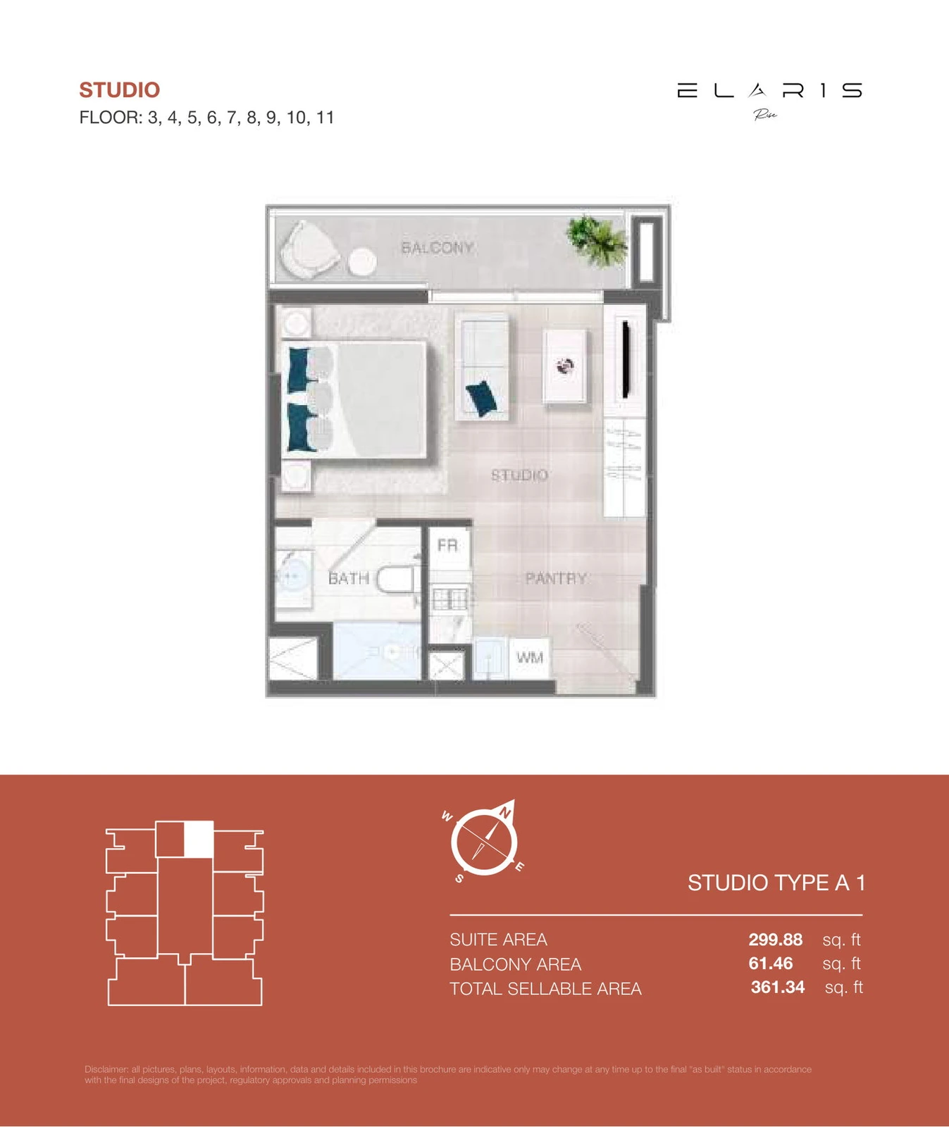 ELAR1S Rise studio Type A 1 apartment floor plan, floors 3-11, total area 361.34 sq ft.