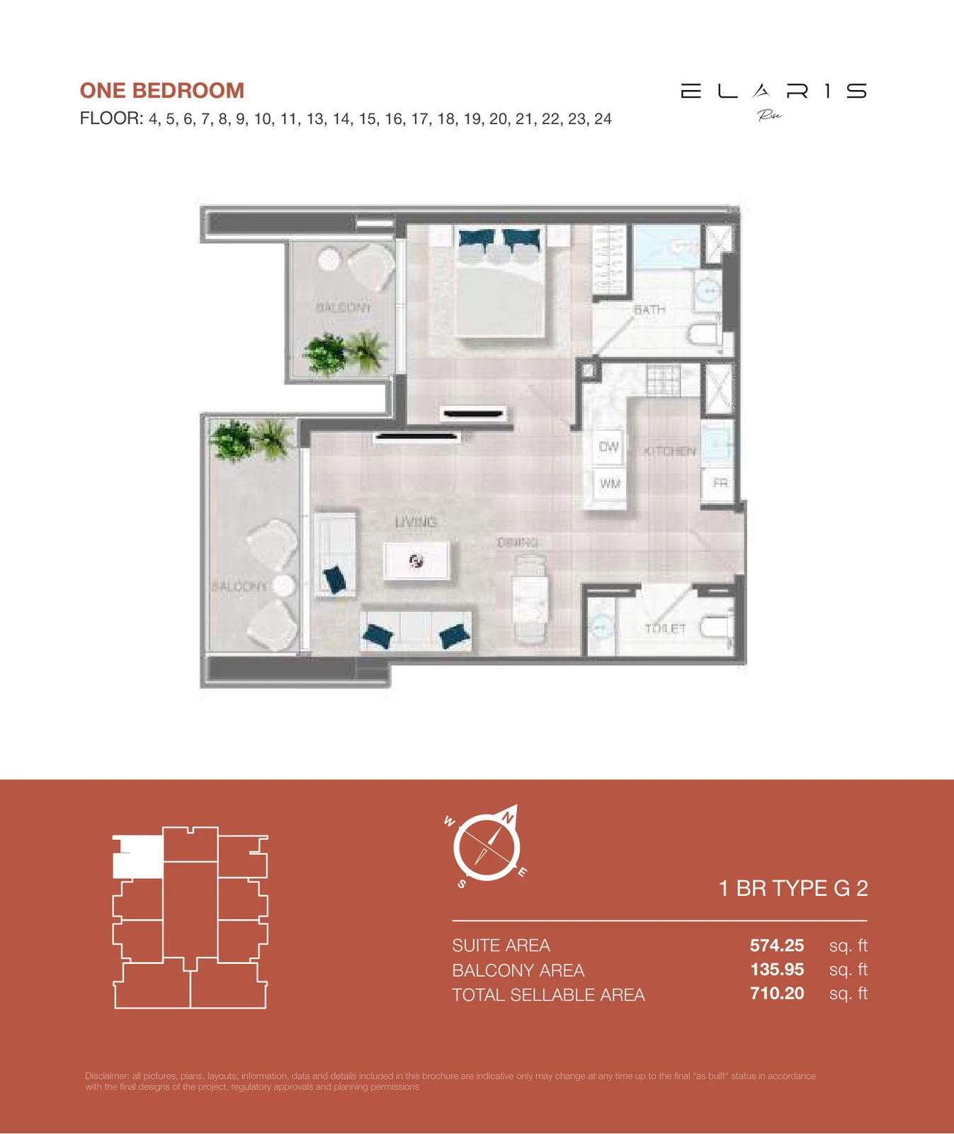 ELAR1S Rise 1-bedroom Type G 2 apartment floor plan, floors 4-11 and 13-24, total area 710.20 sq ft.