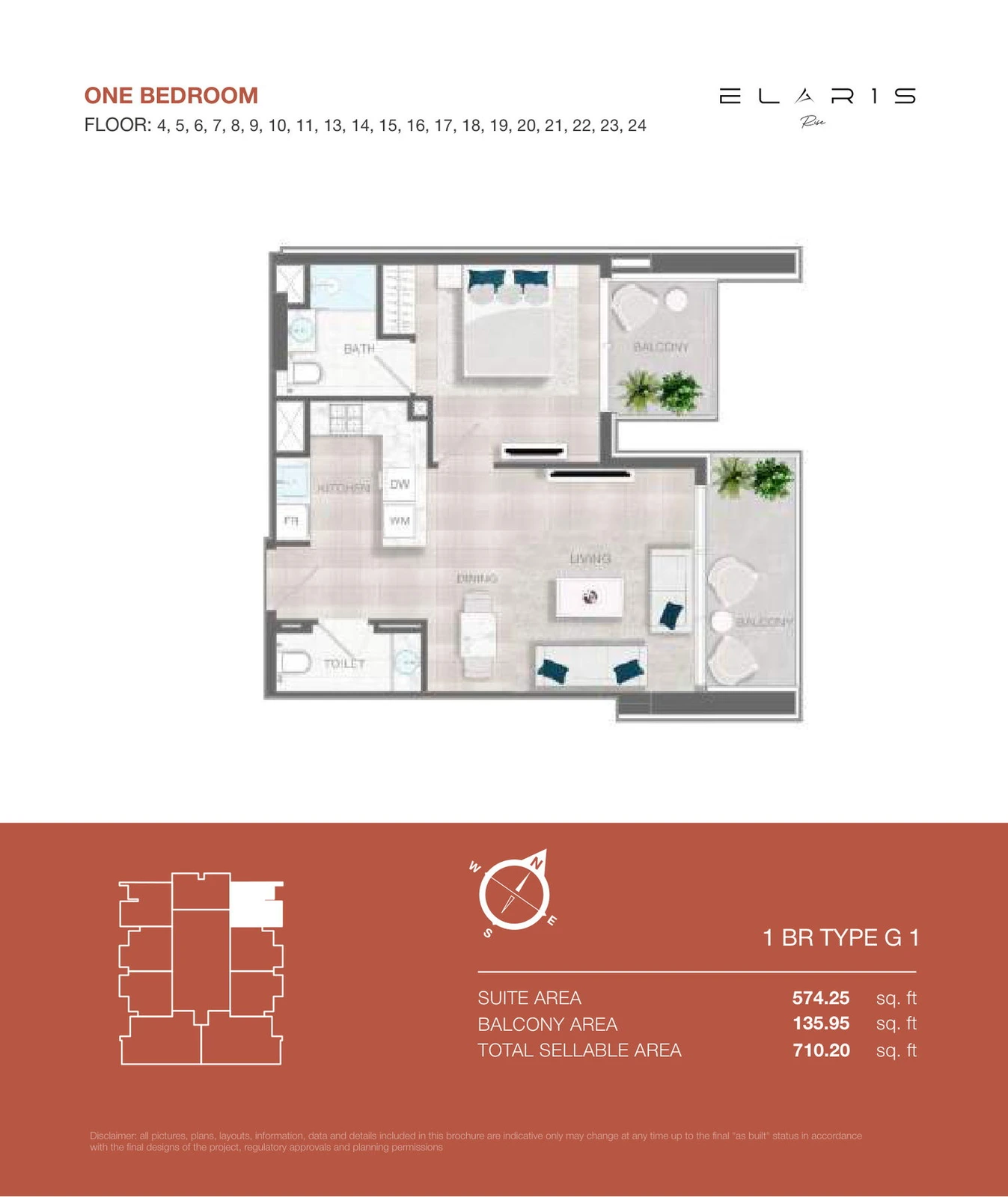 ELAR1S Rise 1-bedroom Type G 1 apartment floor plan, floors 4-11 and 13-24, total area 710.20 sq ft.