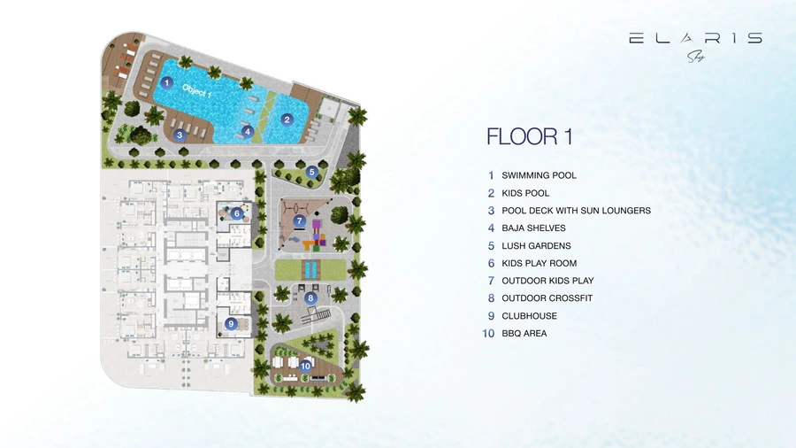 ELAR1S Sky floor-1 amenity plan showing the swimming pool, children's pool, sun-lounger deck, gardens, play areas, clubhouse and barbecue area.