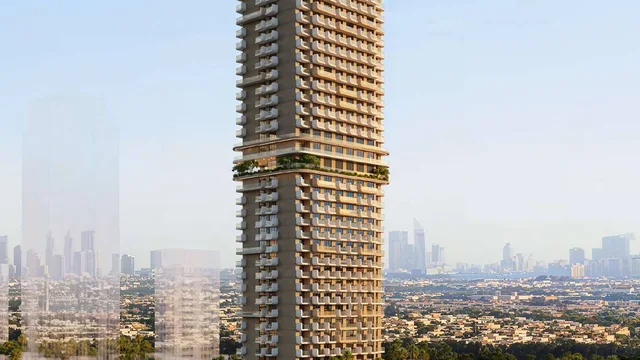ELAR1S Sky tower rising above its landscaped podium in Jumeirah Village Triangle.