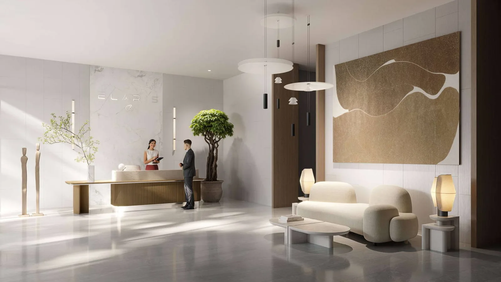 ELAR1S Sky reception lobby with a curved desk, lounge seating and a planted feature tree.
