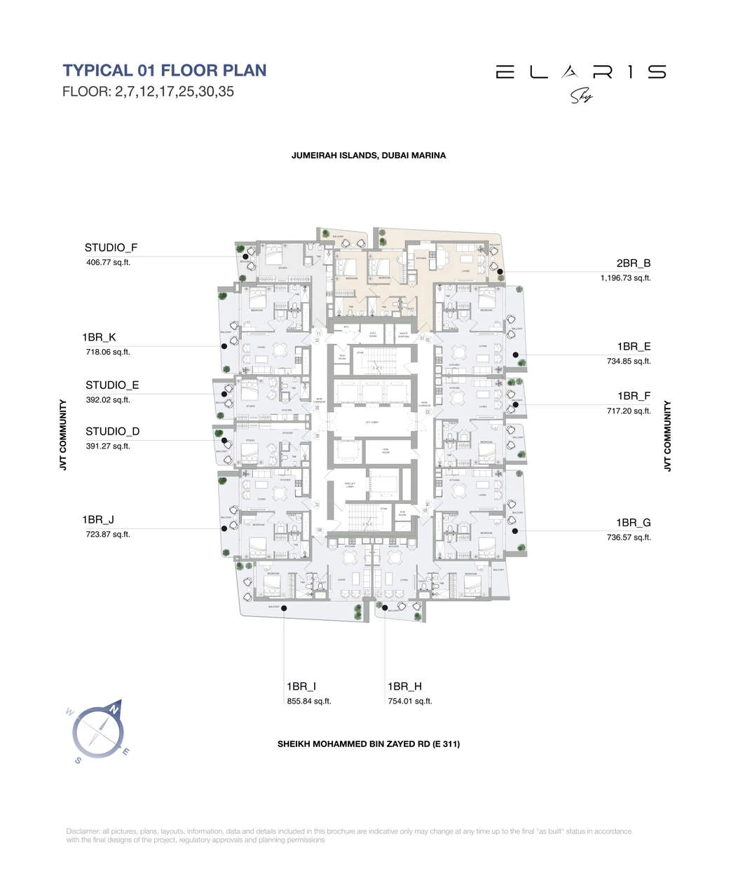 ELAR1S Sky apartment floor plan for Typical 01 floors 2, 7, 12, 17, 25, 30 and 35: Studio Type F, identifying studio Type F, total area 406.77 sq ft.