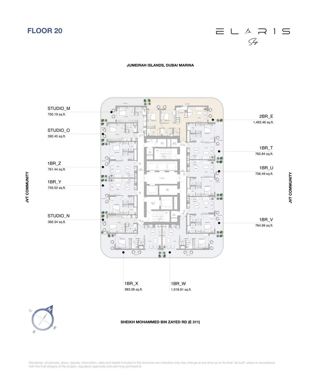 ELAR1S Sky apartment floor plan for Floor 20: 1-Bedroom Type Y, identifying 1-bedroom Type Y, total area 755.52 sq ft.