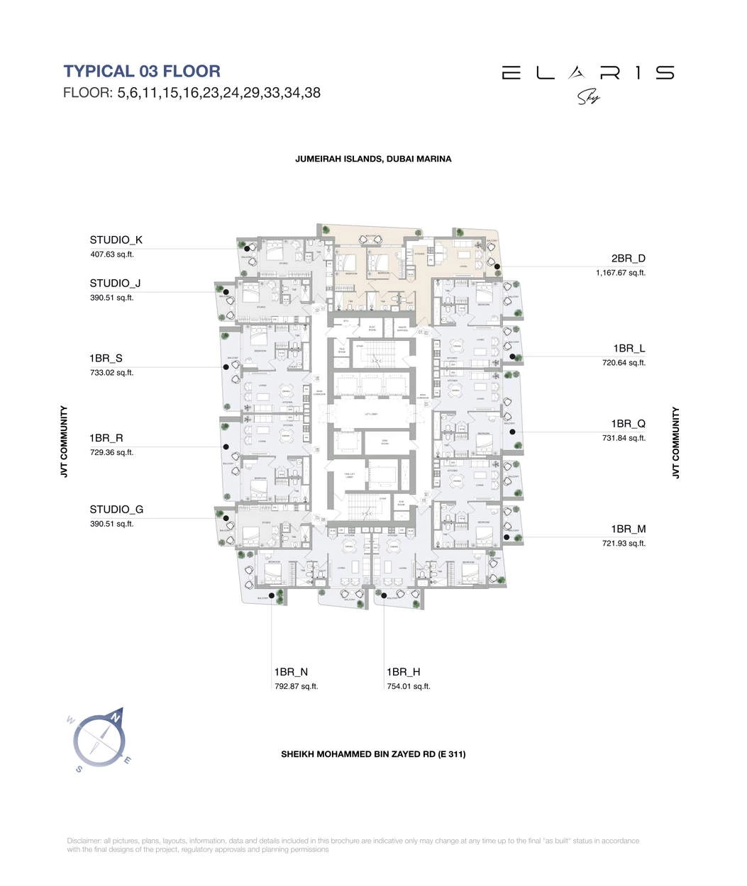 ELAR1S Sky apartment floor plan for Typical 03 floors 5-6, 11, 15-16, 23-24, 29, 33-34 and 38: 1-Bedroom Type N, identifying 1-bedroom Type N, total area 792.87 sq ft.