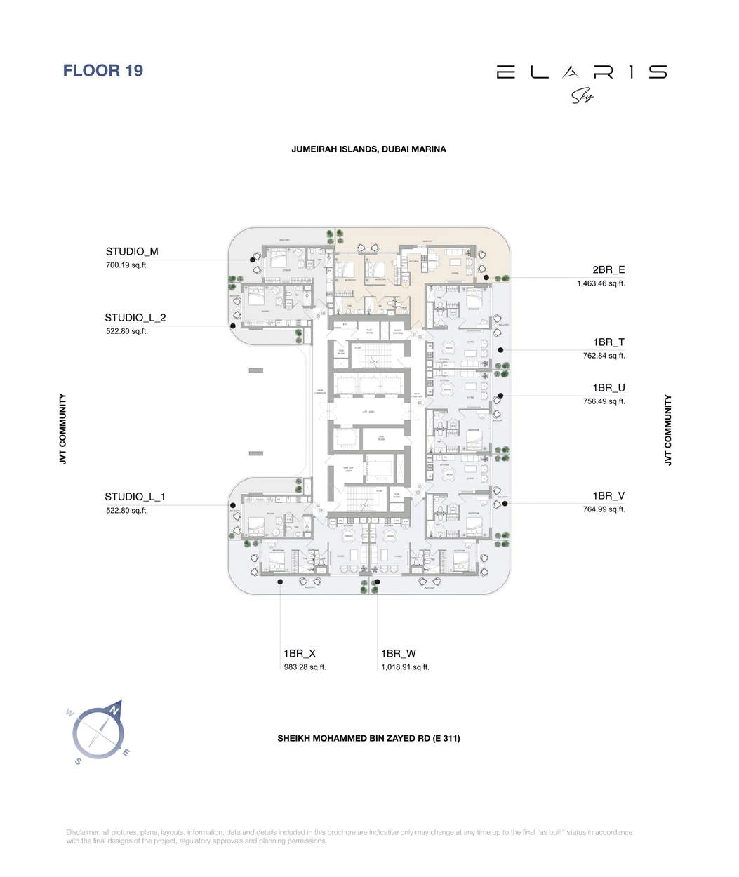 ELAR1S Sky apartment floor plan for Floor 19: Studio Type L 2, identifying studio Type L 2, total area 522.80 sq ft.