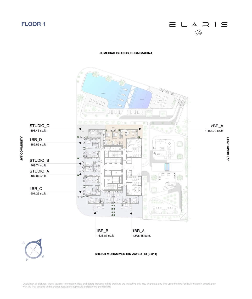 ELAR1S Sky apartment floor plan for Floor 1: 1-Bedroom Type C, identifying 1-bedroom Type C, total area 901.26 sq ft.