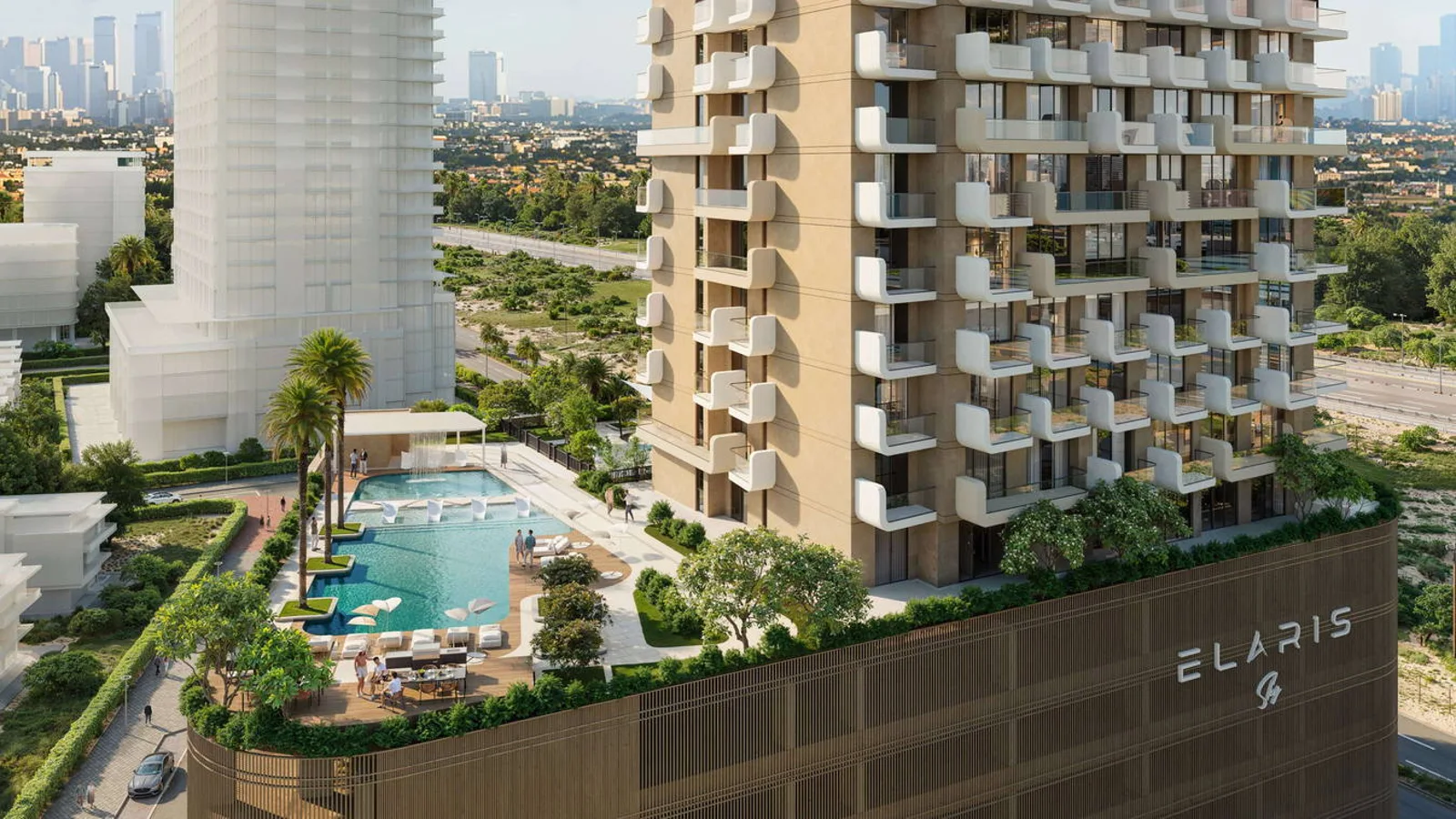 ELAR1S Sky landscaped podium with its swimming pool and lower residential facade.