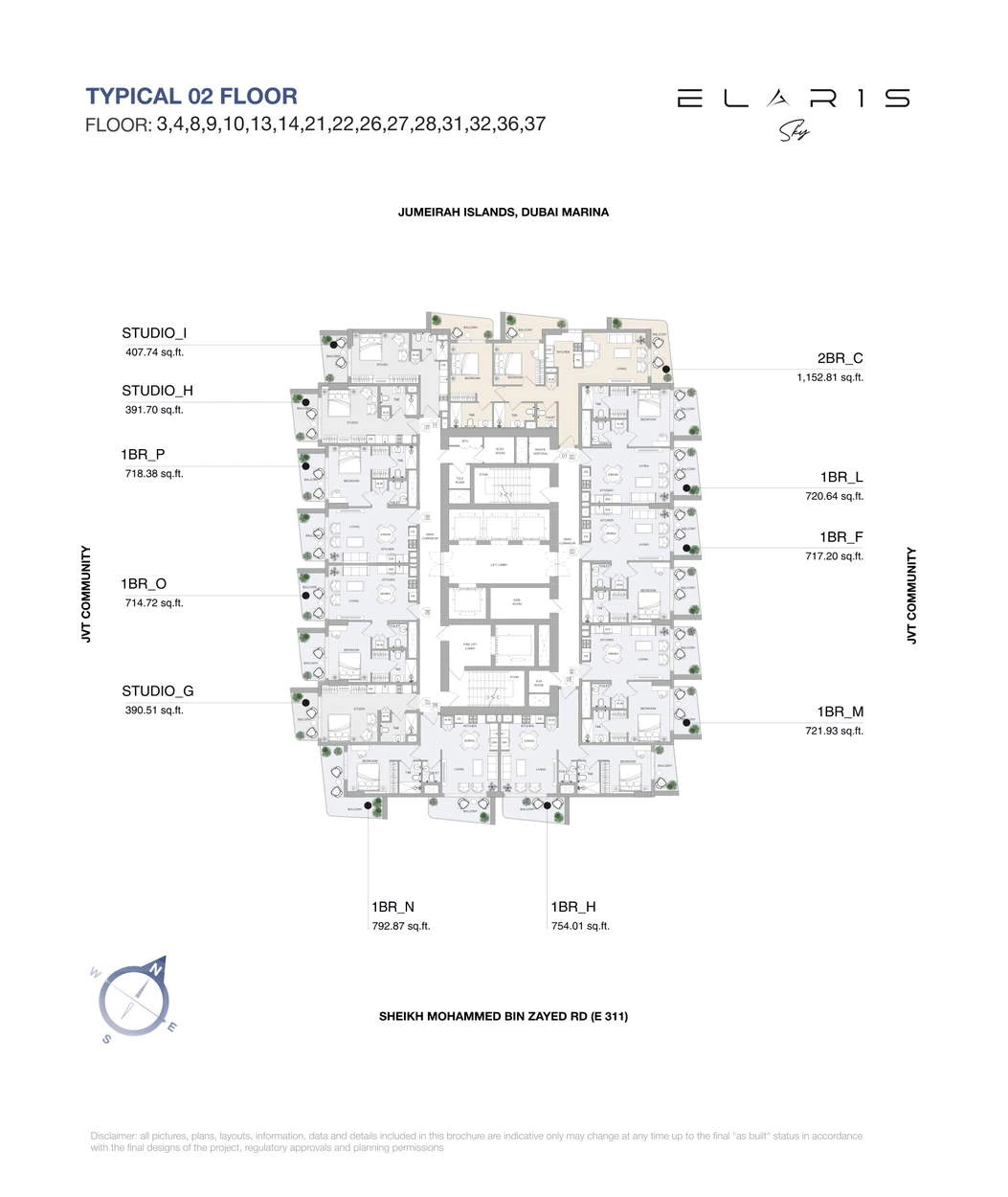 ELAR1S Sky apartment floor plan for Typical 02 floors 3, 4, 8-10, 13-14, 21-22, 26-28, 31-32 and 36-37: Studio Type I, identifying studio Type I, total area 407.74 sq ft.
