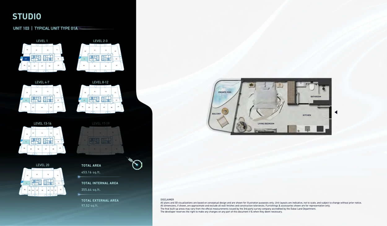Hadley Heights 2 studio Type 01A apartment floor plan, total area 453.16 sq ft.