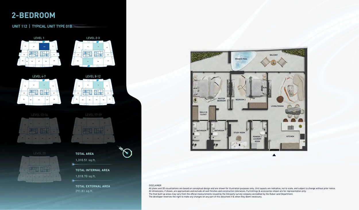 Hadley Heights 2 2-bedroom Type 01B apartment floor plan, total area 1,310.51 sq ft.