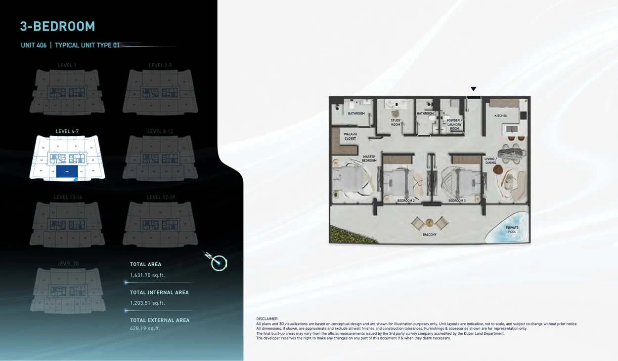 Hadley Heights 2 3-bedroom Type 01 apartment floor plan, total area 1,631.70 sq ft.