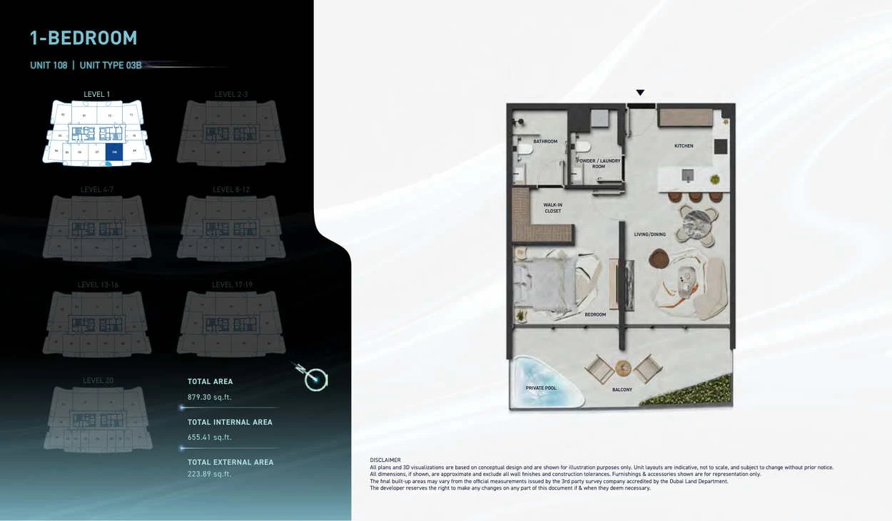 Hadley Heights 2 1-bedroom Type 03B apartment floor plan, total area 879.30 sq ft.