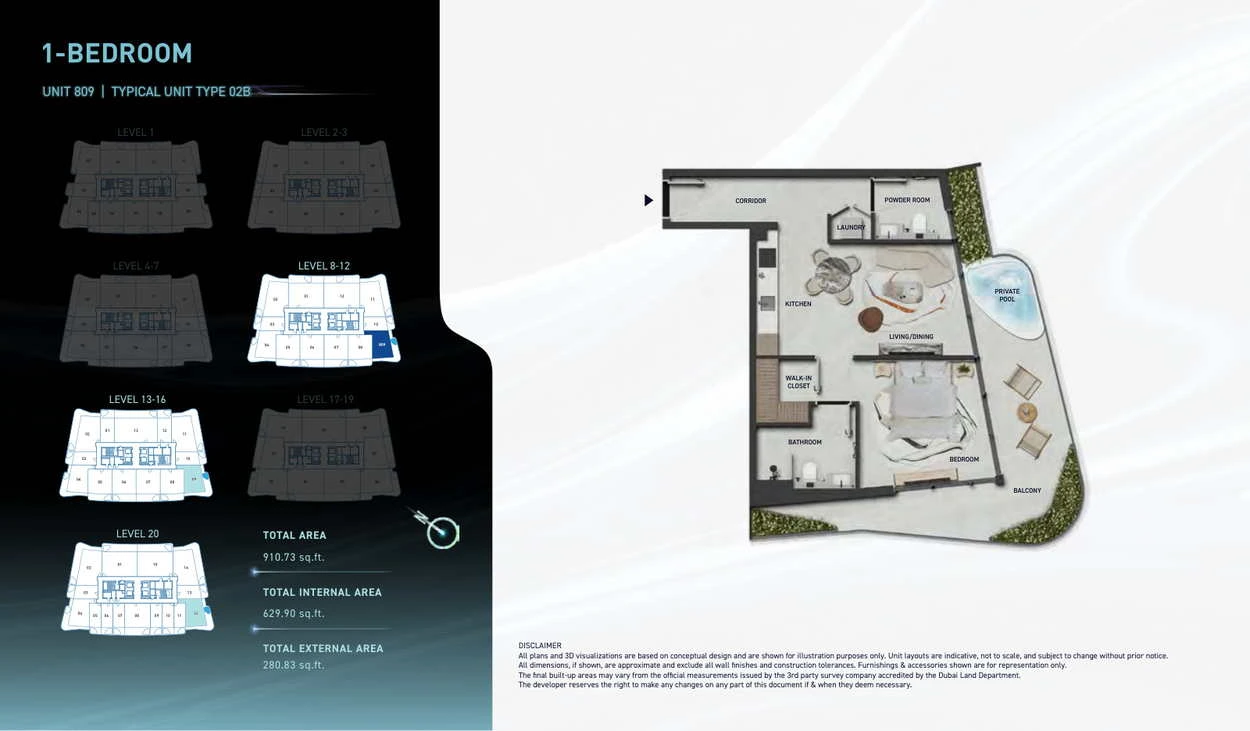 Hadley Heights 2 1-bedroom Type 02B apartment floor plan, total area 910.73 sq ft.