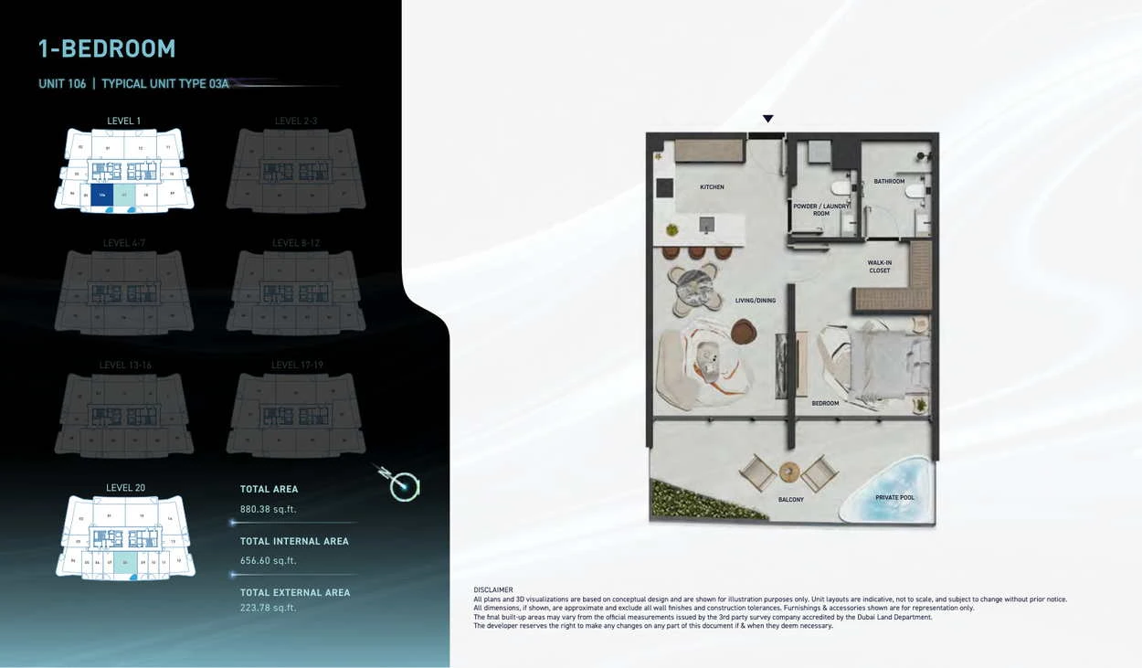 Hadley Heights 2 1-bedroom Type 03A apartment floor plan, total area 880.38 sq ft.