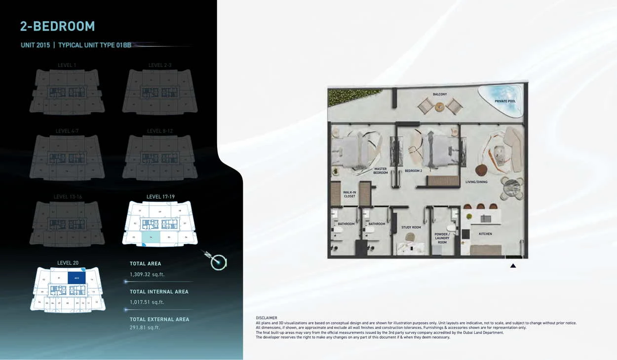 Hadley Heights 2 2-bedroom Type 01BB apartment floor plan, total area 1,309.32 sq ft.