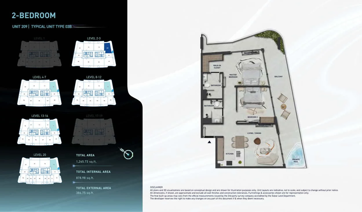 Hadley Heights 2 2-bedroom Type 03B apartment floor plan, total area 1,265.73 sq ft.