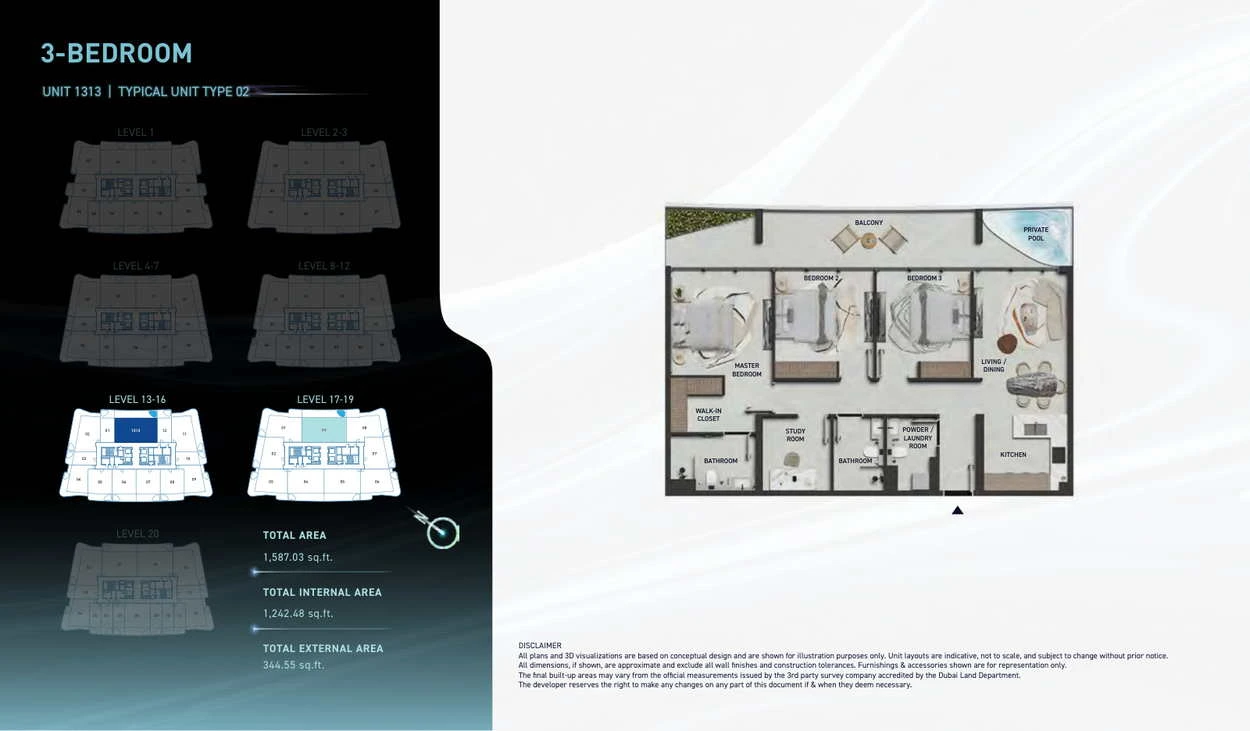 Hadley Heights 2 3-bedroom Type 02 apartment floor plan, total area 1,587.03 sq ft.