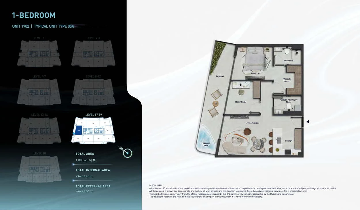 Hadley Heights 2 1-bedroom Type 05A apartment floor plan, total area 1,038.61 sq ft.