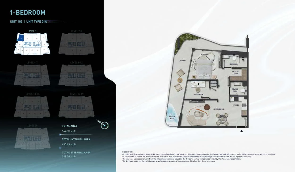 Hadley Heights 2 1-bedroom Type 01A apartment floor plan, total area 947.33 sq ft.