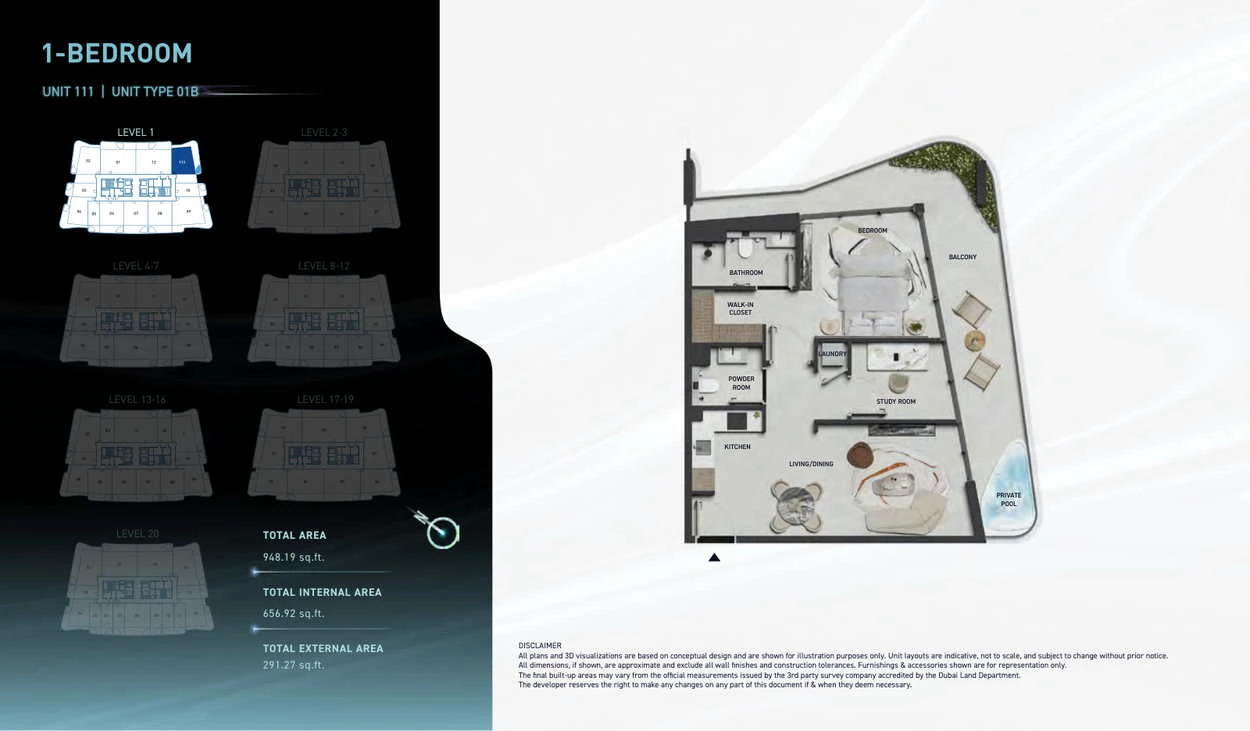 Hadley Heights 2 1-bedroom Type 01B apartment floor plan, total area 948.19 sq ft.