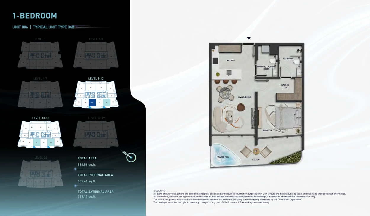 Hadley Heights 2 1-bedroom Type 04B apartment floor plan, total area 888.56 sq ft.