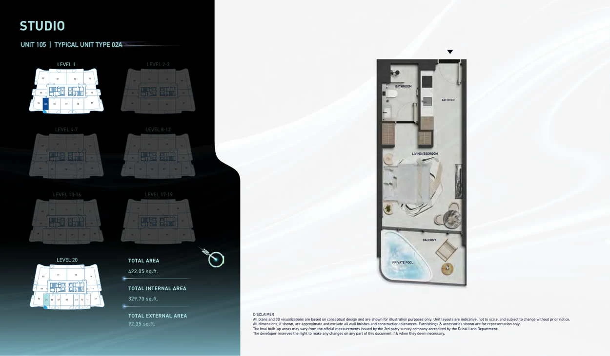 Hadley Heights 2 studio Type 02A apartment floor plan, total area 422.05 sq ft.
