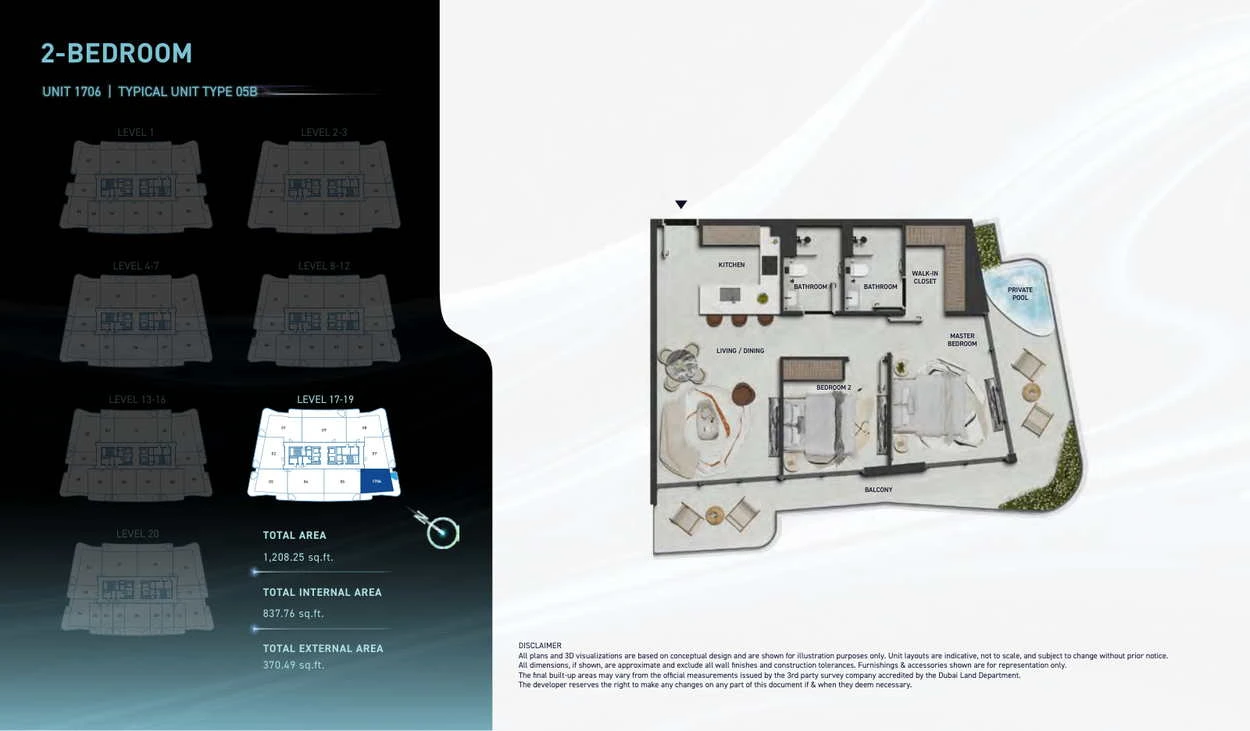 Hadley Heights 2 2-bedroom Type 05B apartment floor plan, total area 1,208.25 sq ft.