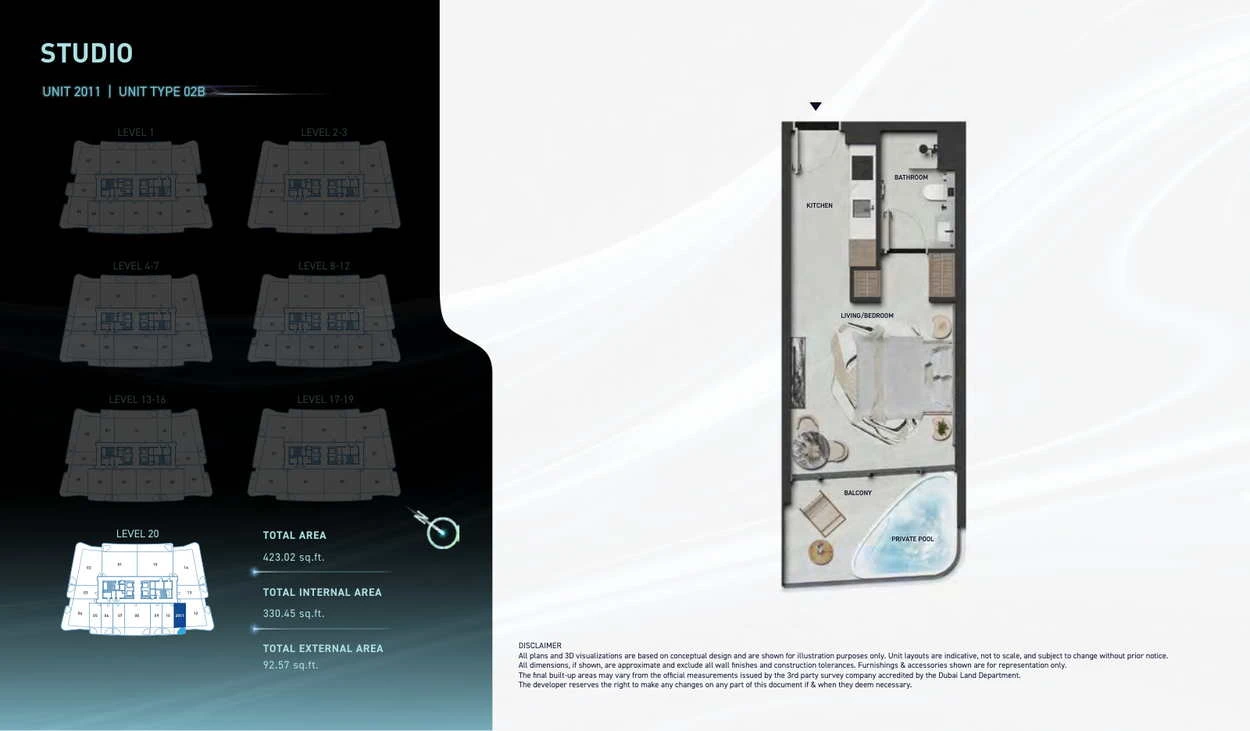 Hadley Heights 2 studio Type 02B apartment floor plan, total area 423.02 sq ft.