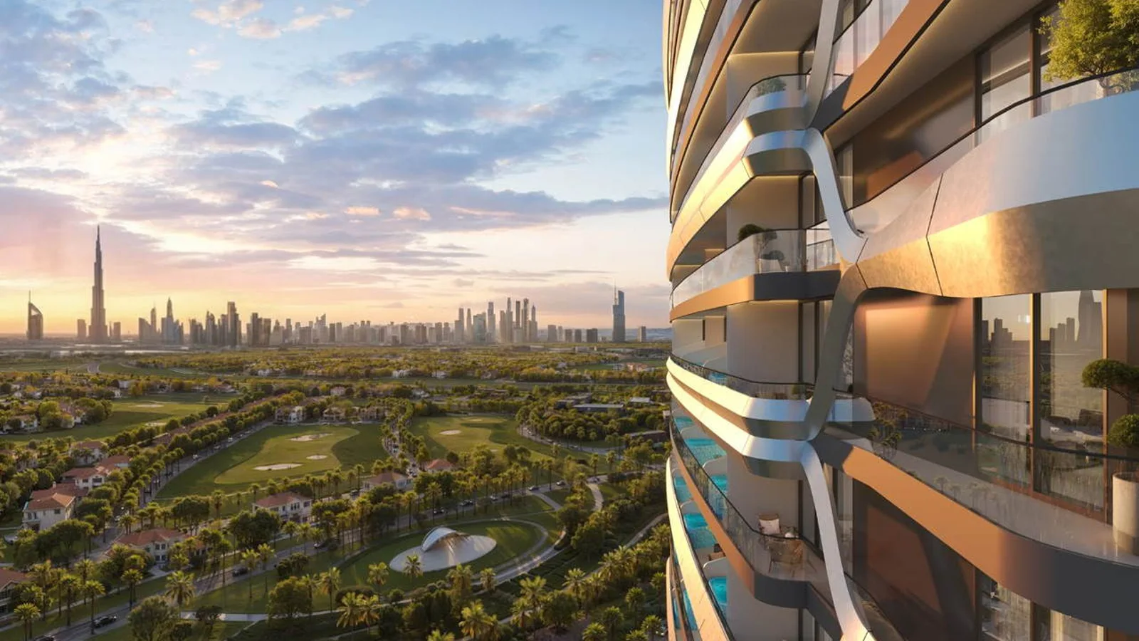 Hadley Heights 2 curved balconies overlooking Dubai Sports City and the city skyline.