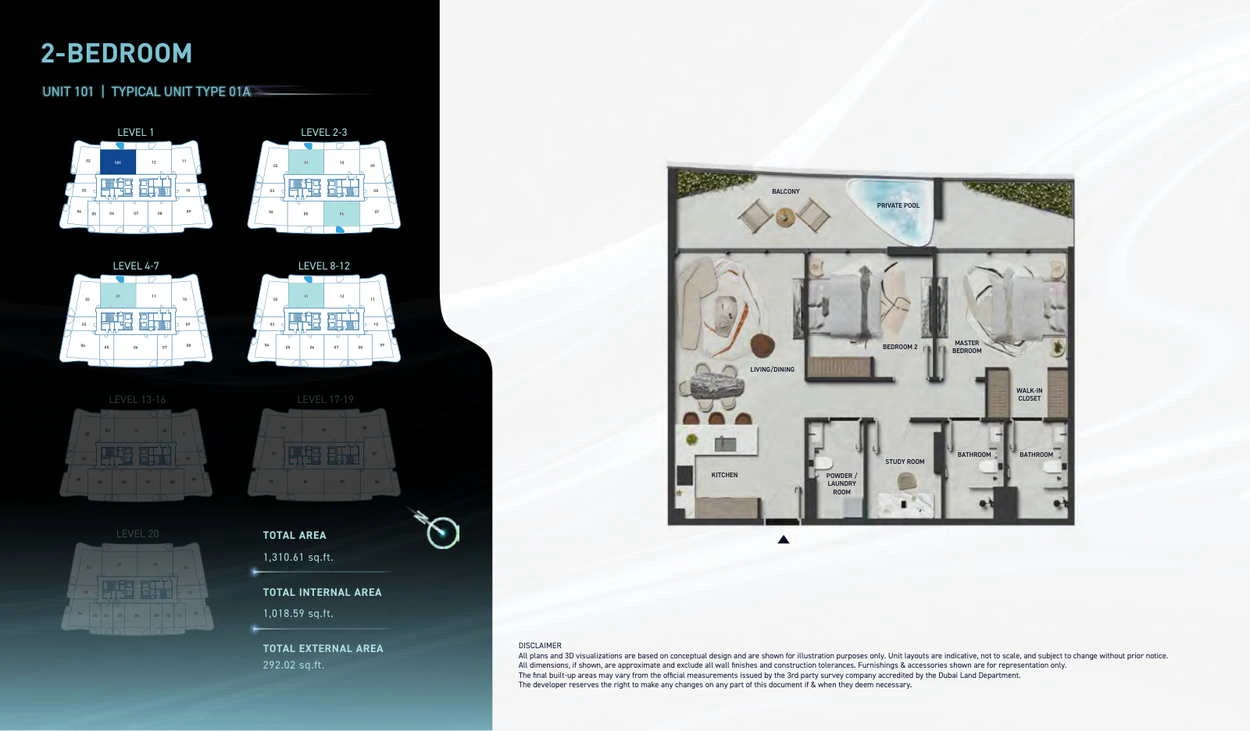 Hadley Heights 2 2-bedroom Type 01A apartment floor plan, total area 1,310.61 sq ft.