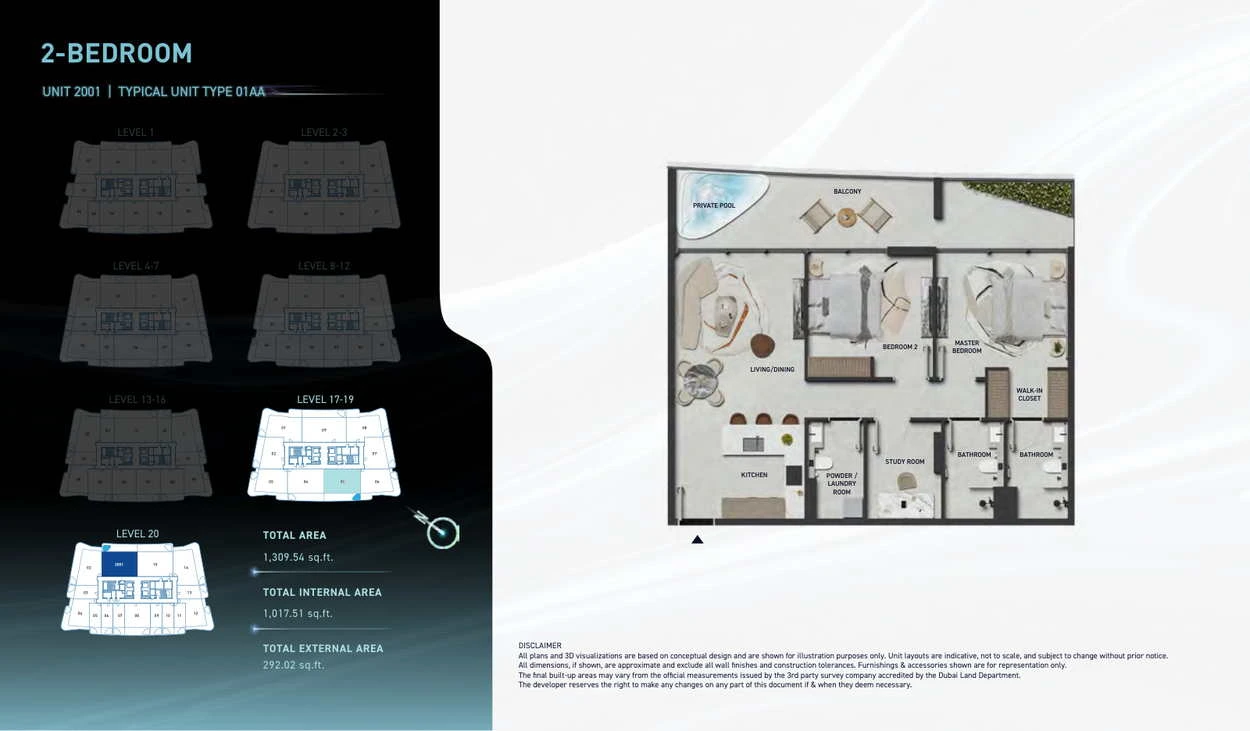 Hadley Heights 2 2-bedroom Type 01AA apartment floor plan, total area 1,309.54 sq ft.