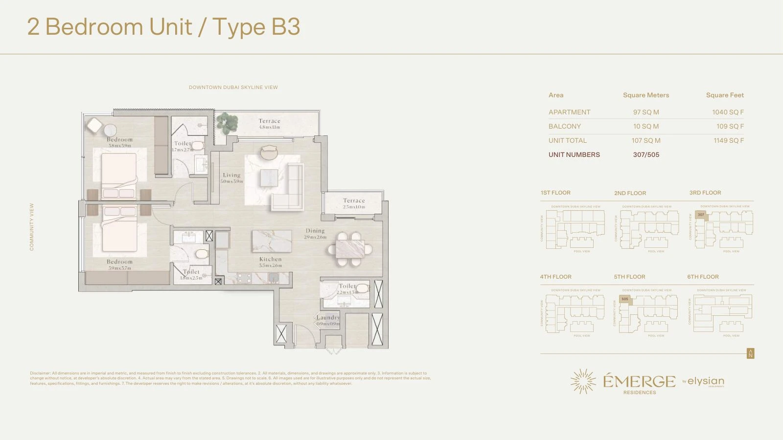 Émerge Residences 2-bedroom apartment floor plan — Standard Residence Type B3 - 1,149 sq ft; Standard Residence, Type B3, Units 307/505, 1,149 sq ft