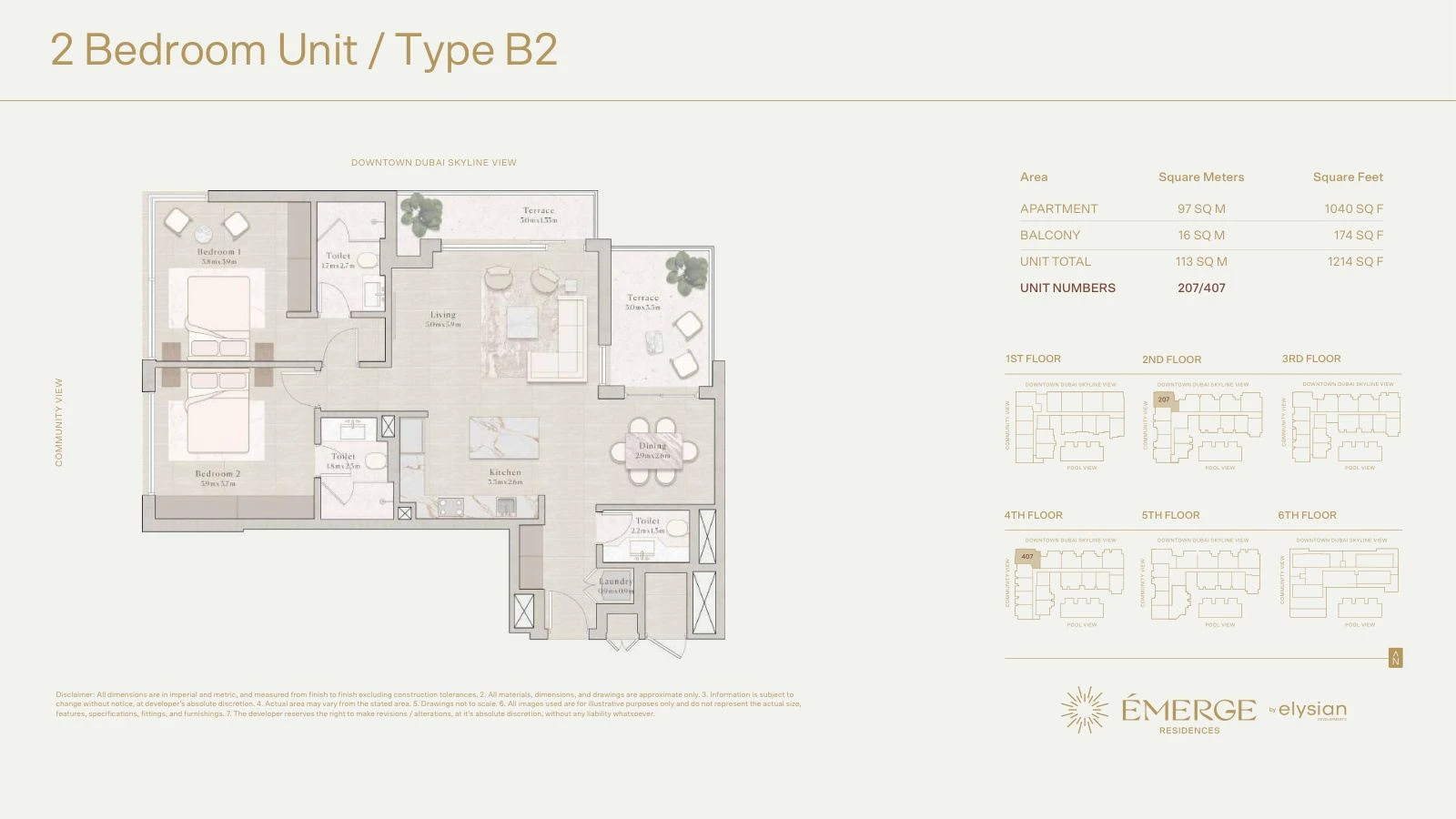 Émerge Residences 2-bedroom apartment floor plan — Standard Residence Type B2 - 1,214 sq ft; Standard Residence, Type B2, Units 207/407, 1,214 sq ft