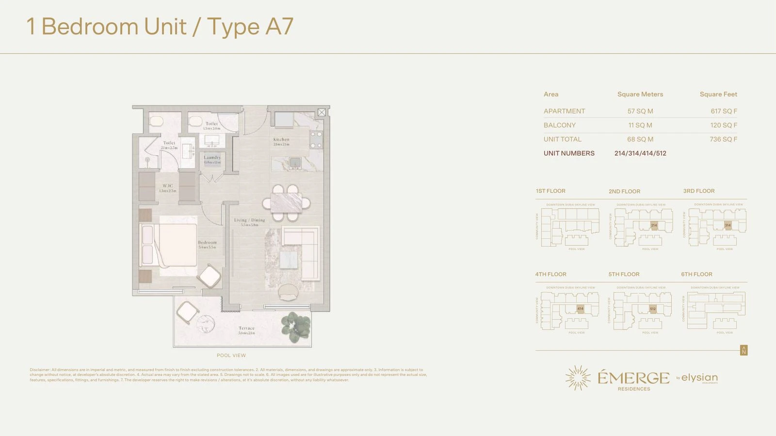 Émerge Residences 1-bedroom apartment floor plan — Standard Residence Type A7 - 736 sq ft; Standard Residence, Type A7, Units 214/314/414/512, 736 sq ft