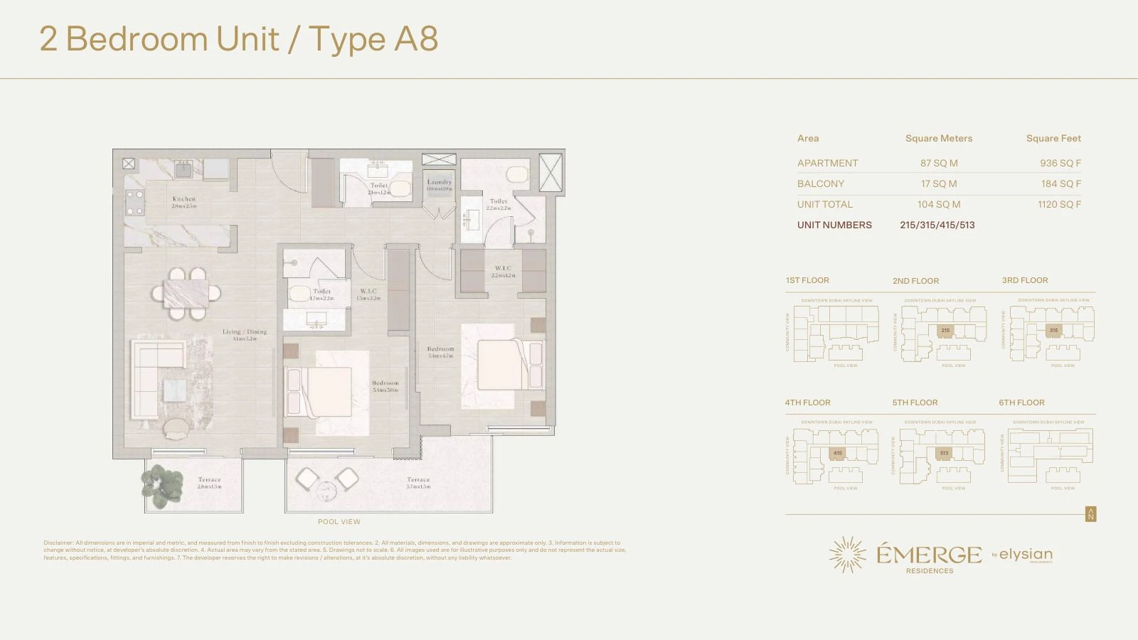 Émerge Residences 2-bedroom apartment floor plan — Standard Residence Type A8 - 1,120 sq ft; Standard Residence, Type A8, Units 215/315/415/513, 1,120 sq ft