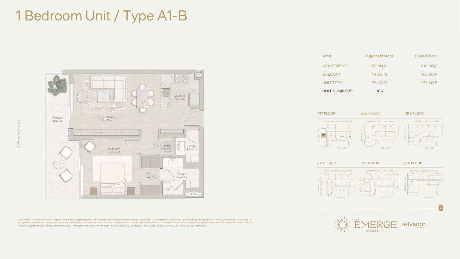 Émerge Residences 1-bedroom apartment floor plan — Standard Residence Type A1-B - 772 sq ft; Standard Residence, Type A1-B, Unit 105, 772 sq ft