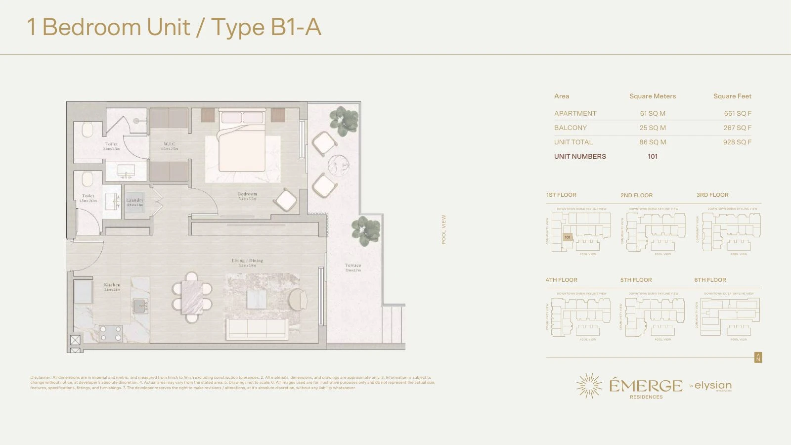 Émerge Residences 1-bedroom apartment floor plan — Standard Residence Type B1-A - 928 sq ft; Standard Residence, Type B1-A, Unit 101, 928 sq ft