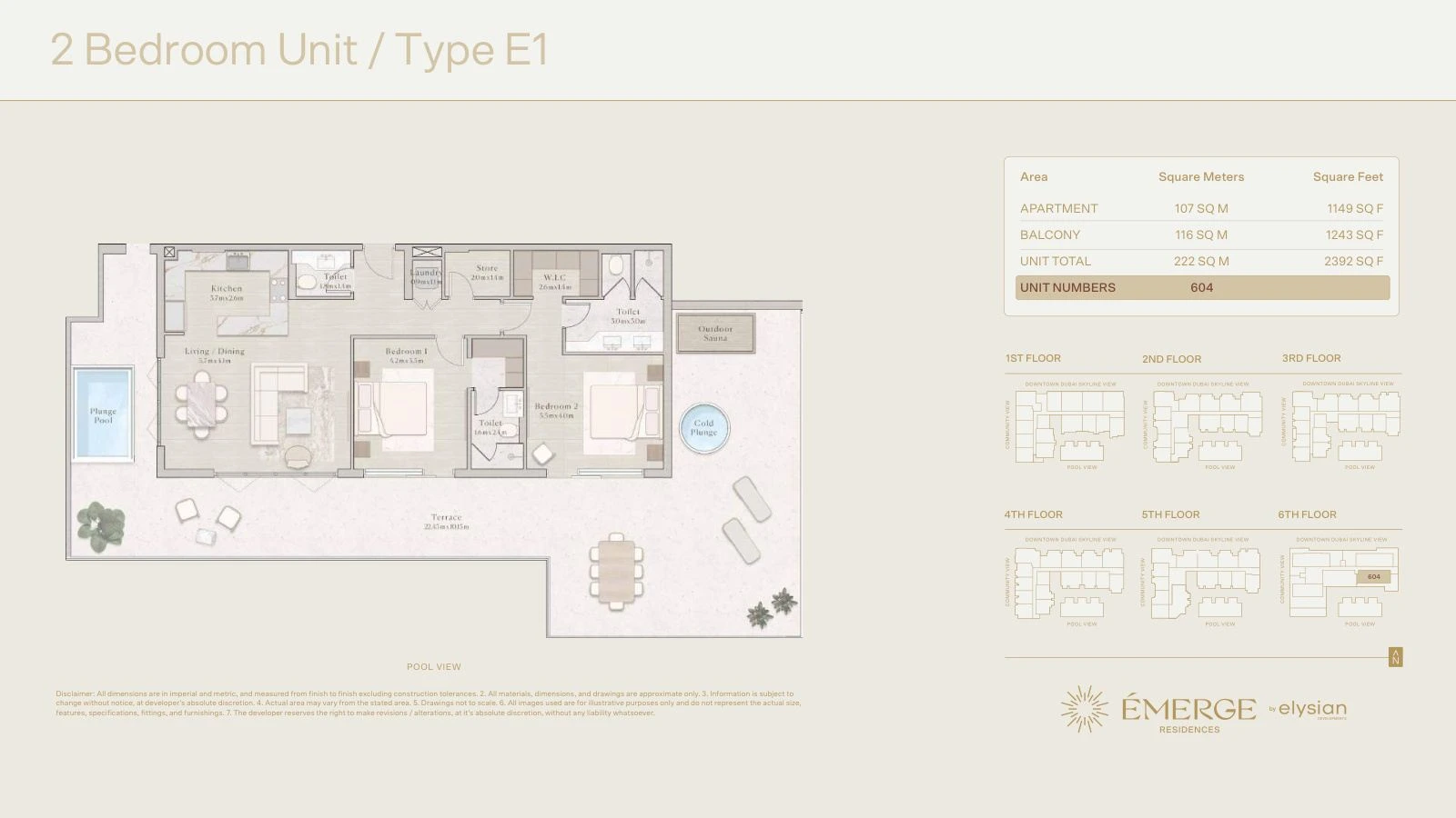 Émerge Residences 2-bedroom apartment floor plan — Well-Being Collection Type E1 - 2,392 sq ft; Well-Being Collection, Type E1, Unit 604, 2,392 sq ft