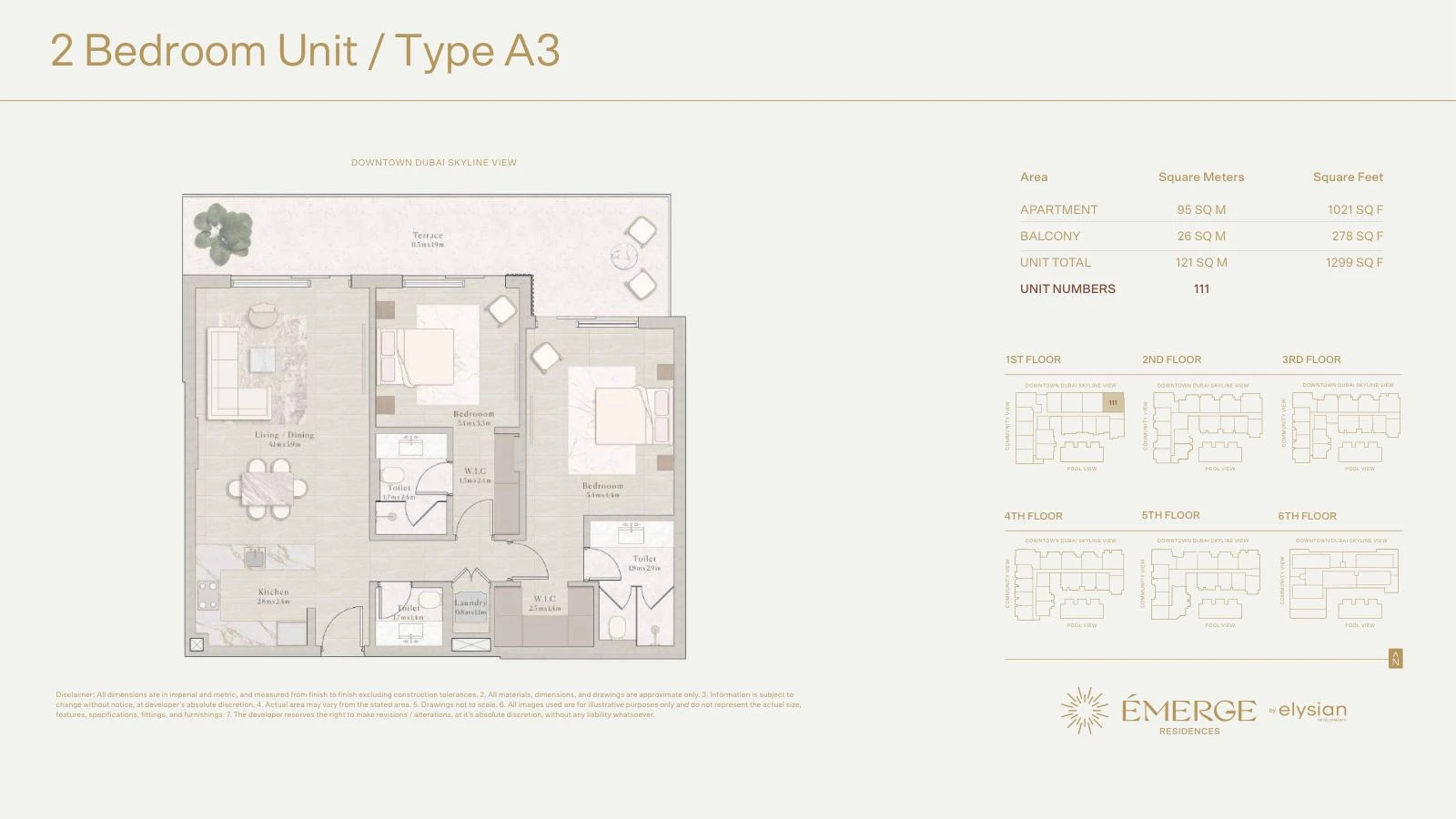 Émerge Residences 2-bedroom apartment floor plan — Standard Residence Type A3 - 1,299 sq ft; Standard Residence, Type A3, Unit 111, 1,299 sq ft