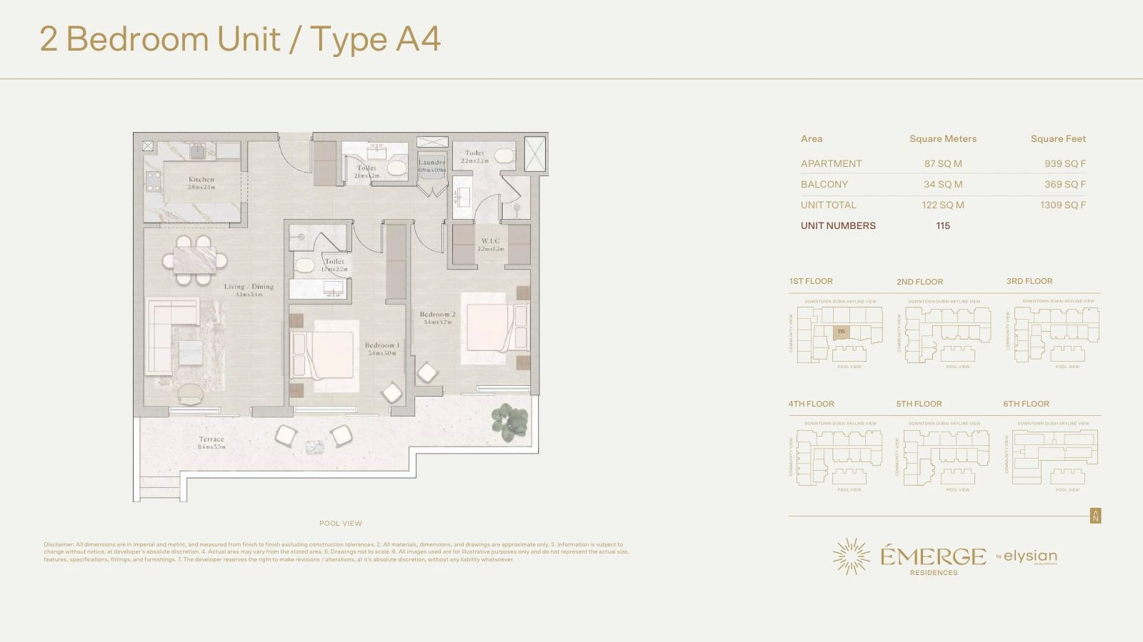 Émerge Residences 2-bedroom apartment floor plan — Standard Residence Type A4 - 1,309 sq ft; Standard Residence, Type A4, Unit 115, 1,309 sq ft
