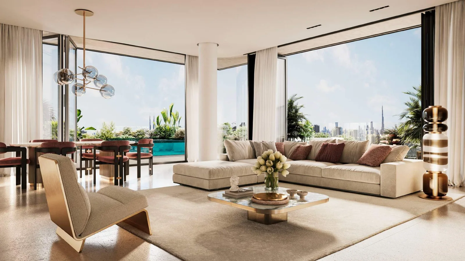 Émerge Residences living and dining area with full-height windows and city views