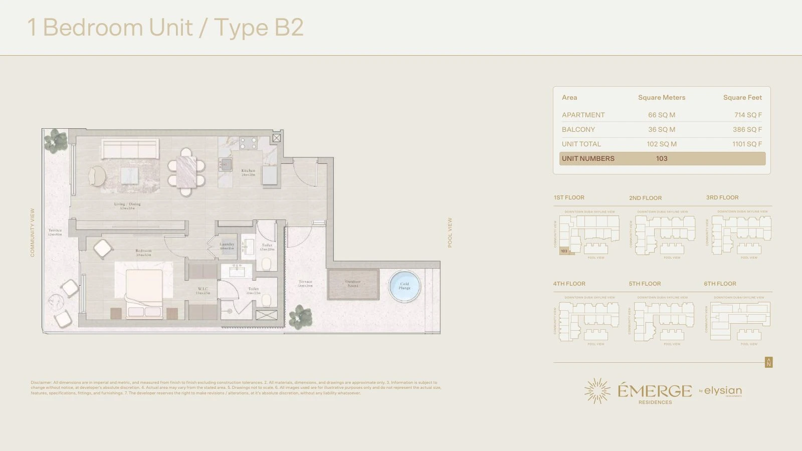 Émerge Residences 1-bedroom apartment floor plan — Well-Being Collection Type B2 - 1,101 sq ft; Well-Being Collection, Type B2, Unit 103, 1,101 sq ft
