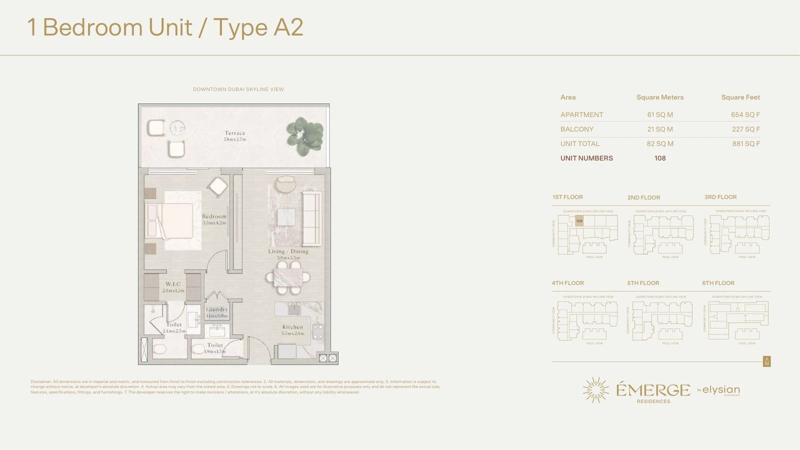 Émerge Residences 1-bedroom apartment floor plan — Standard Residence Type A2 - 881 sq ft; Standard Residence, Type A2, Unit 108, 881 sq ft