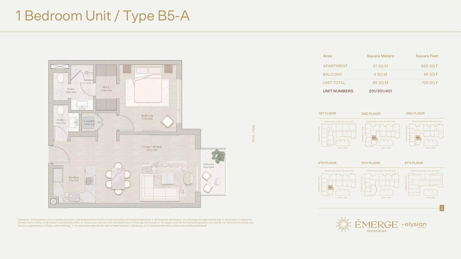 Émerge Residences 1-bedroom apartment floor plan — Standard Residence Type B5-A - 729 sq ft; Standard Residence, Type B5-A, Units 201/301/401, 729 sq ft
