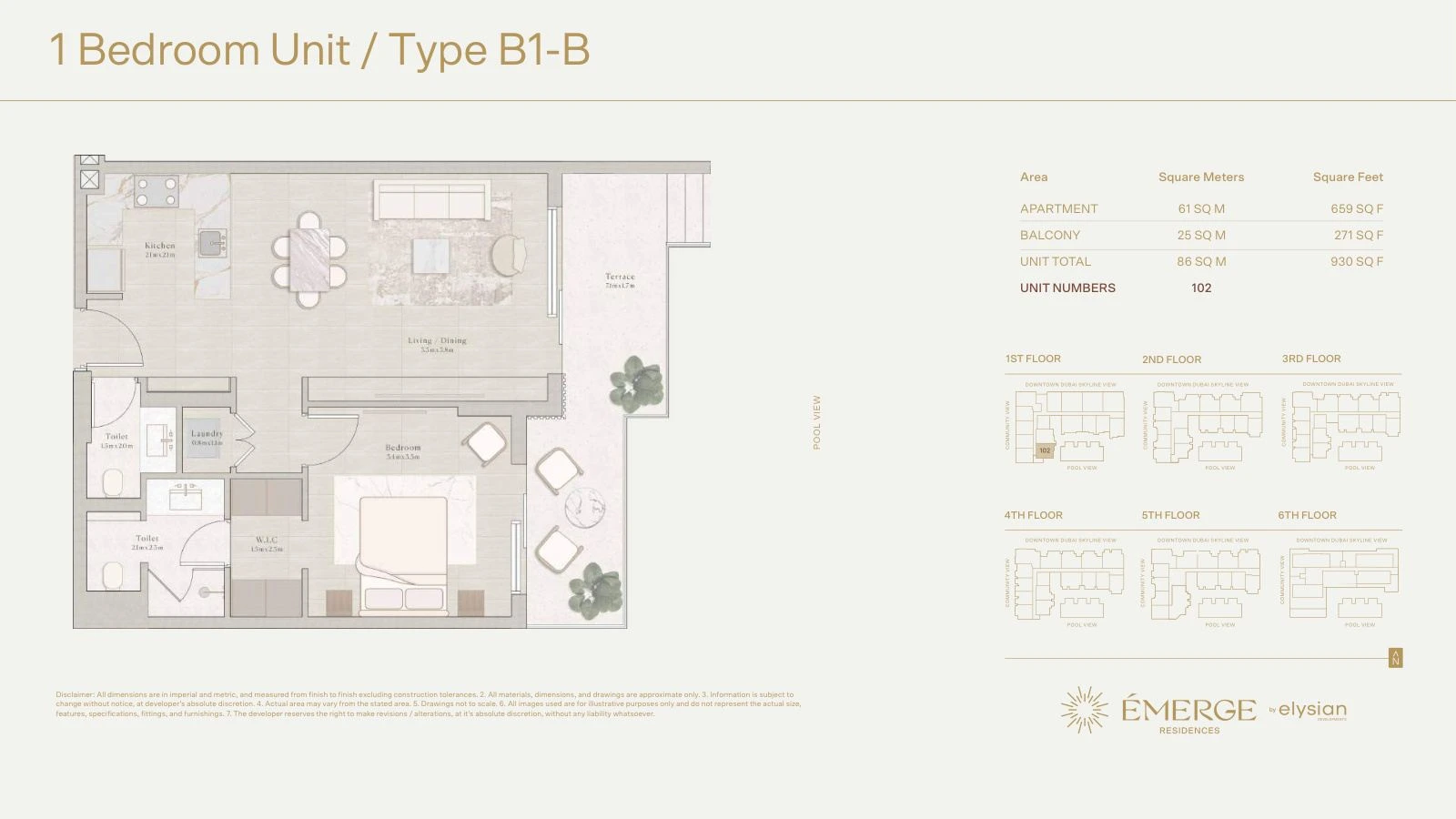 Émerge Residences 1-bedroom apartment floor plan — Standard Residence Type B1-B - 930 sq ft; Standard Residence, Type B1-B, Unit 102, 930 sq ft