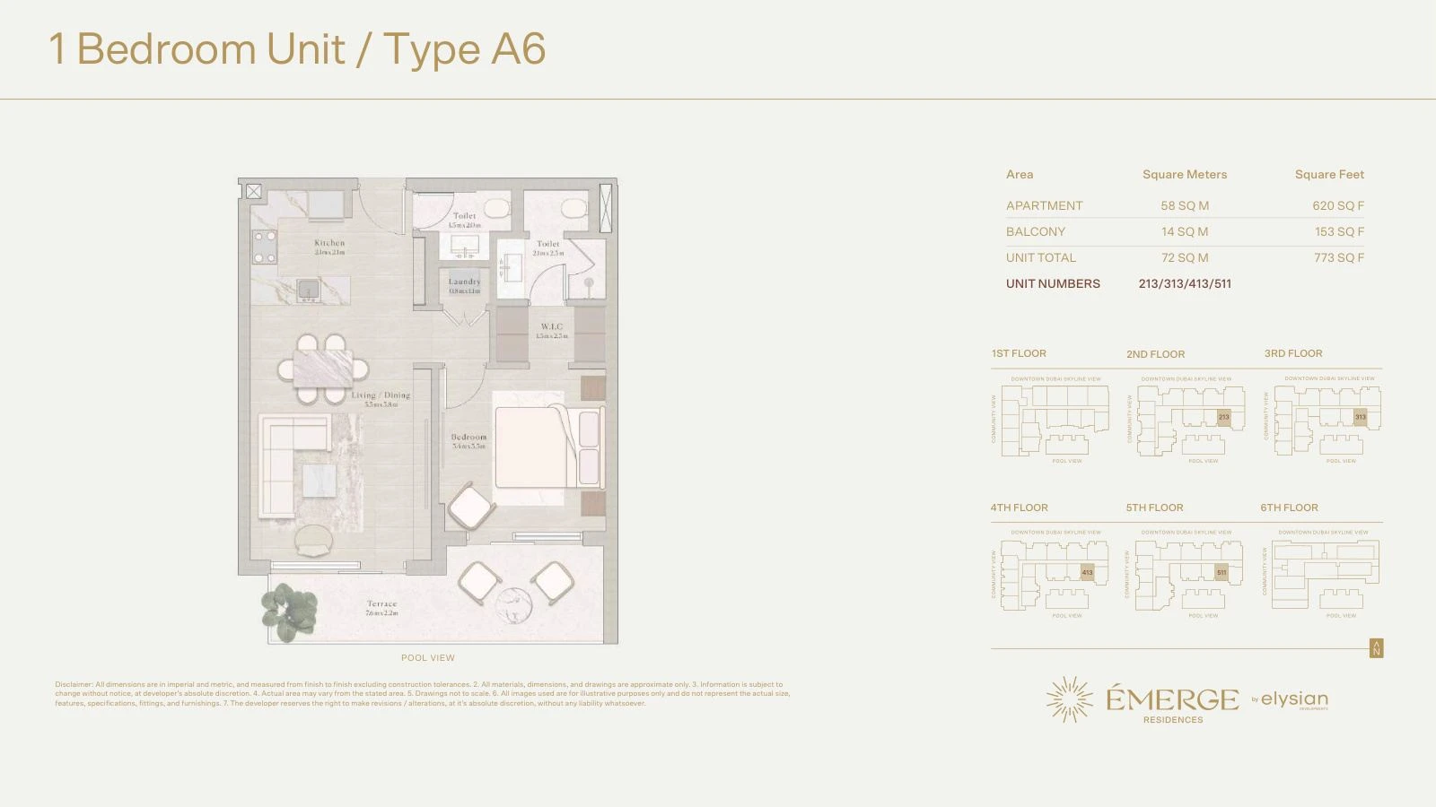 Émerge Residences 1-bedroom apartment floor plan — Standard Residence Type A6 - 773 sq ft; Standard Residence, Type A6, Units 213/313/413/511, 773 sq ft
