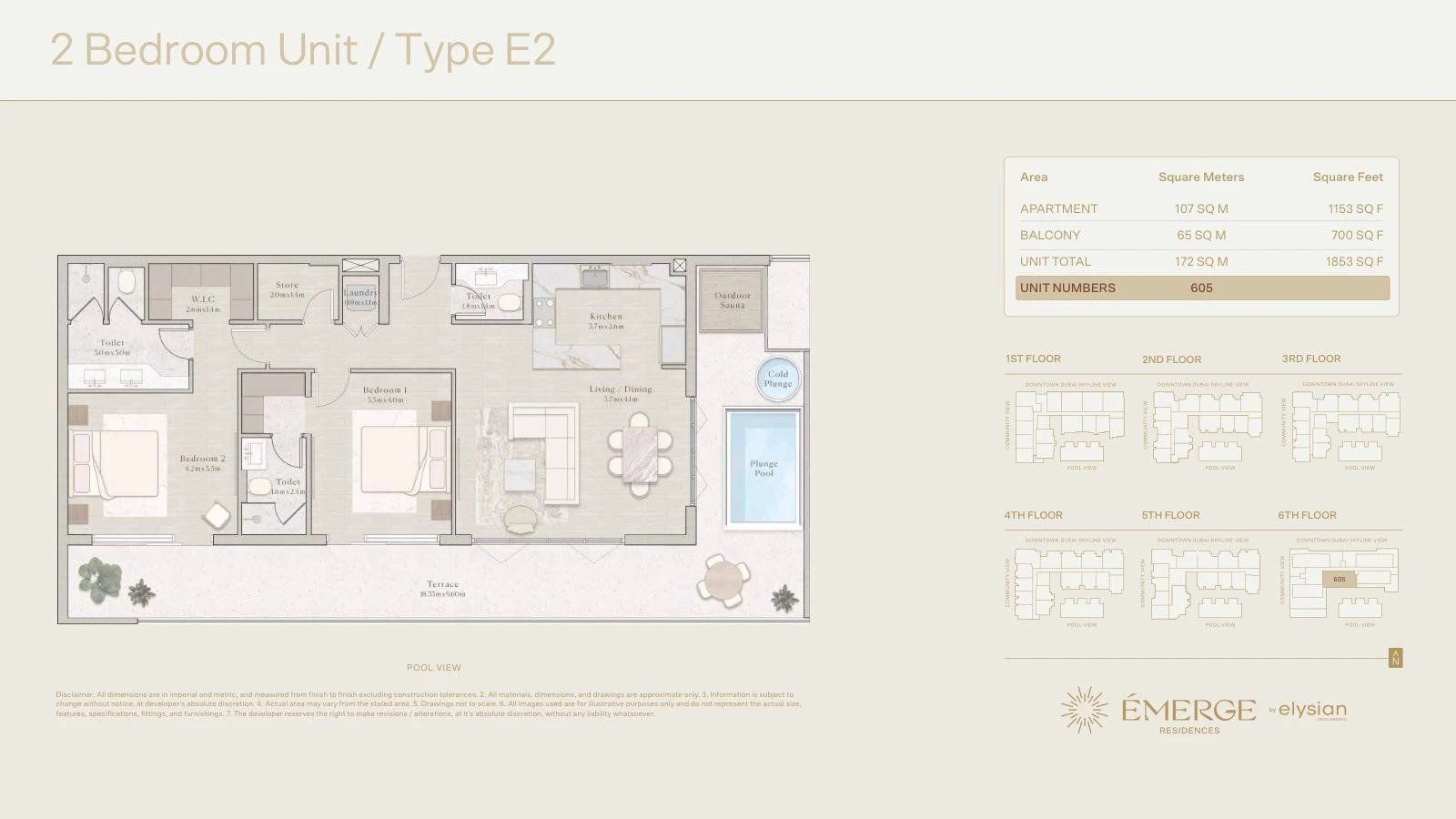 Émerge Residences 2-bedroom apartment floor plan — Well-Being Collection Type E2 - 1,853 sq ft; Well-Being Collection, Type E2, Unit 605, 1,853 sq ft