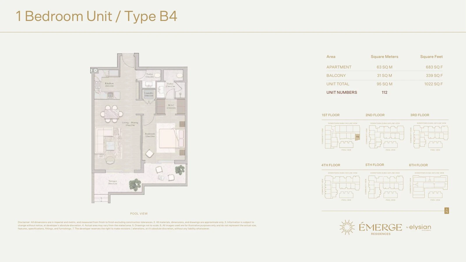 Émerge Residences 1-bedroom apartment floor plan — Standard Residence Type B4 - 1,022 sq ft; Standard Residence, Type B4, Unit 112, 1,022 sq ft