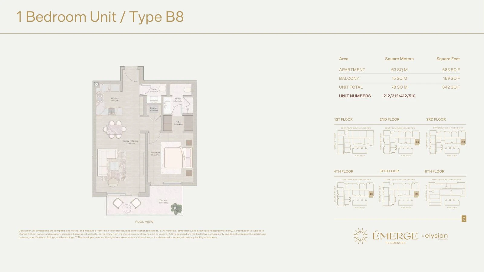 Émerge Residences 1-bedroom apartment floor plan — Standard Residence Type B8 - 842 sq ft; Standard Residence, Type B8, Units 212/312/412/510, 842 sq ft